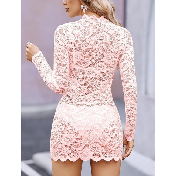 Womens Pink Sheer Lace Long Sleeve Mini Dresses for Party outfit - Picture 4 of 5
